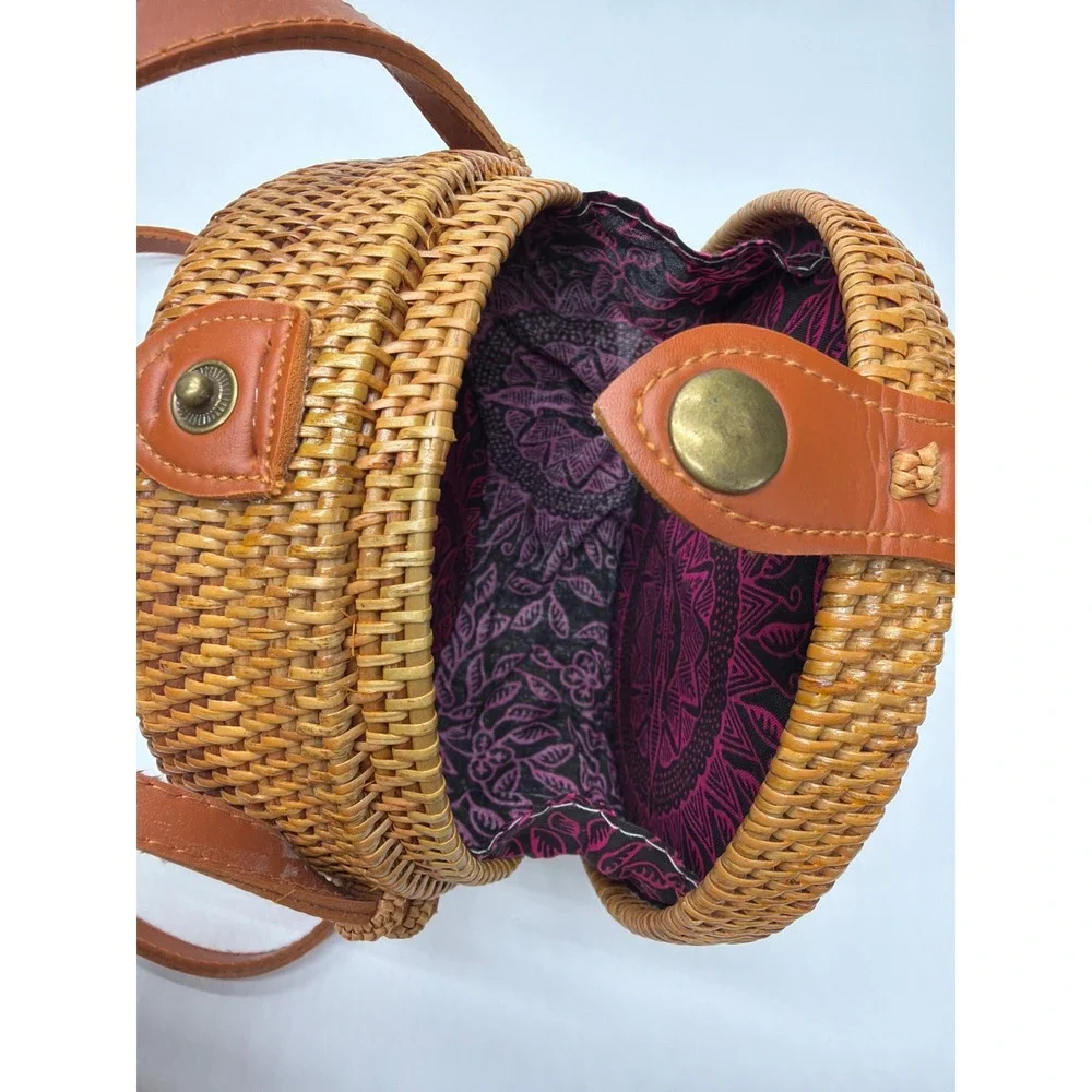 Round Woven Rattan Crossbody‎ Bag Natural Straw Circle Purse with Batik Lining